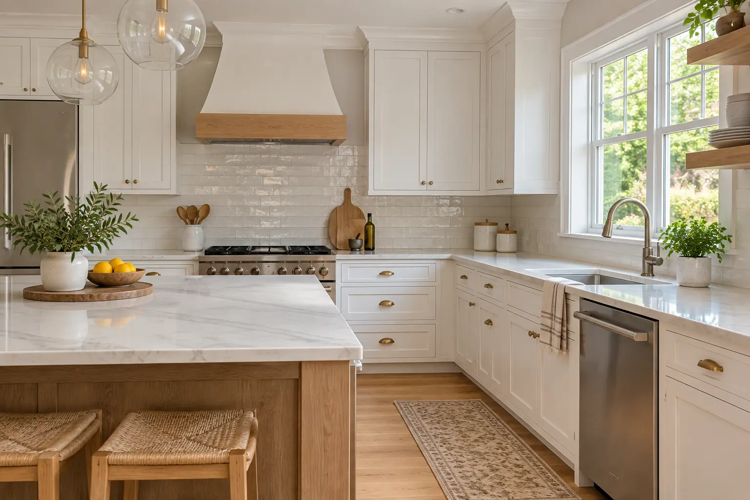 Bright kitchen with white cabinets and a marble island