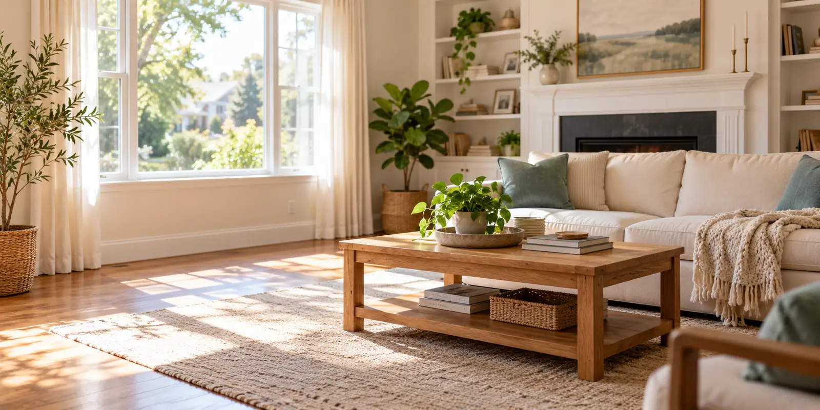 Sunlit living room with a sofa and wood coffee table